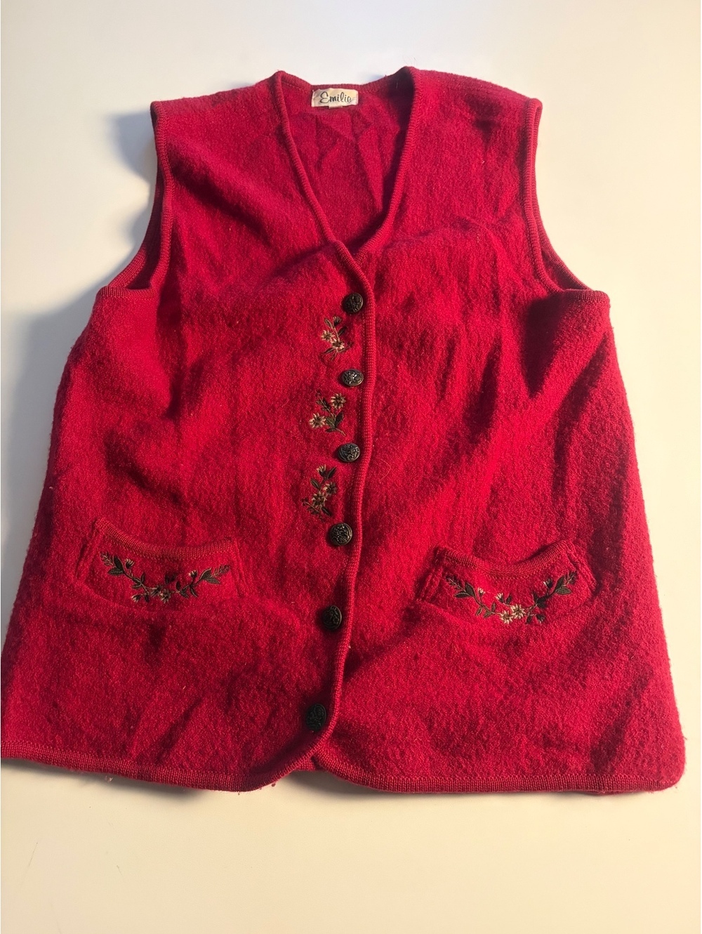 Vintage Emilie Red Embroidered Wool Vest Size L